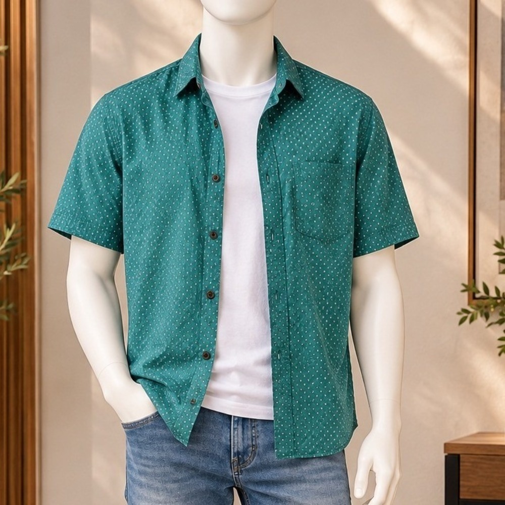 American Eagle Mens Button Down Short Sleeve Seriously Soft Dot Teal Size Medium